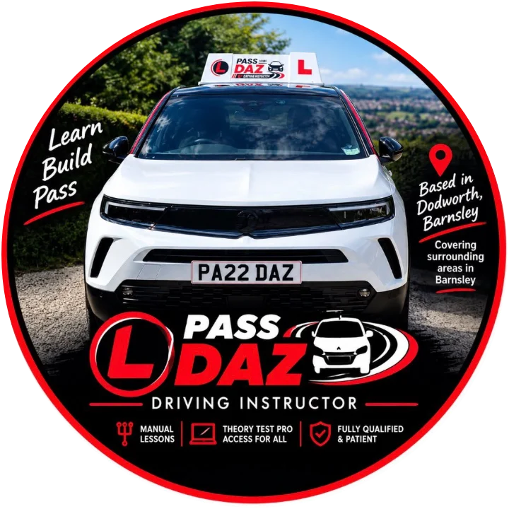 Pass with Daz driving instructor badge showing Daz's tuition car in Barnsley